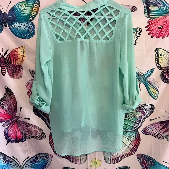 Sheer Sea Foam Green Button Up shirt with lattice cut weaving - Picture 8 of 11